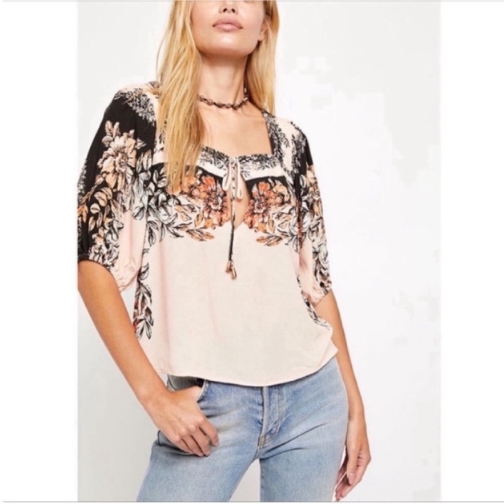Free People Wild Memories shirt peach floral tie square neck peasant sleeves